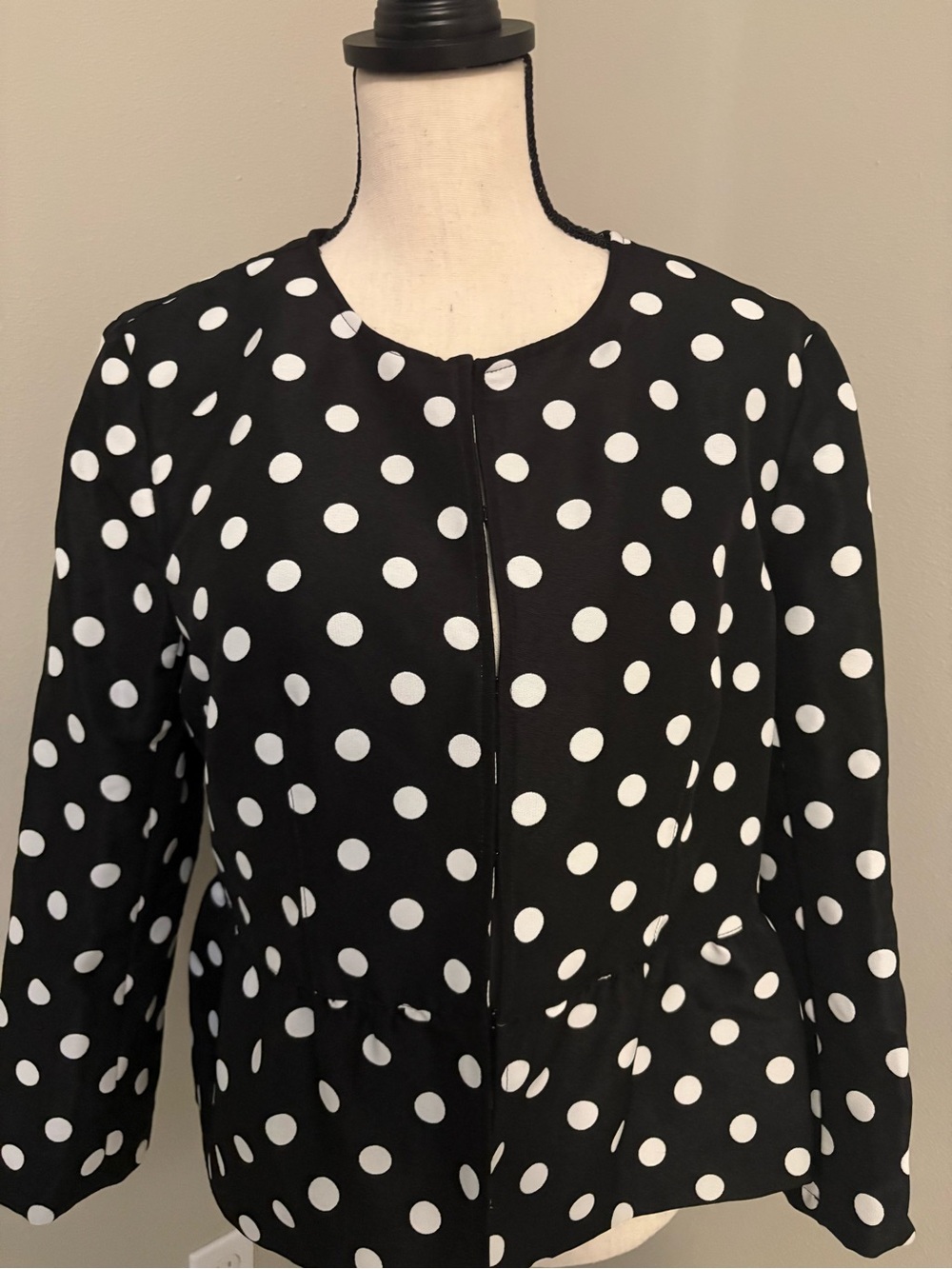 LOFT Black Jacket with White Polka Dots and 3/4 Sleeves